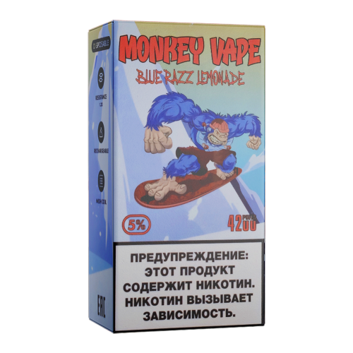 Одноразовый парогенератор Monkey Vape 4000 USB - Лимонад из голубой малины - 20мг/мл. Strong Одноразовый парогенератор Monkey Vape 4000 USB - Лимонад из голубой малины - 20мг/мл. Strong